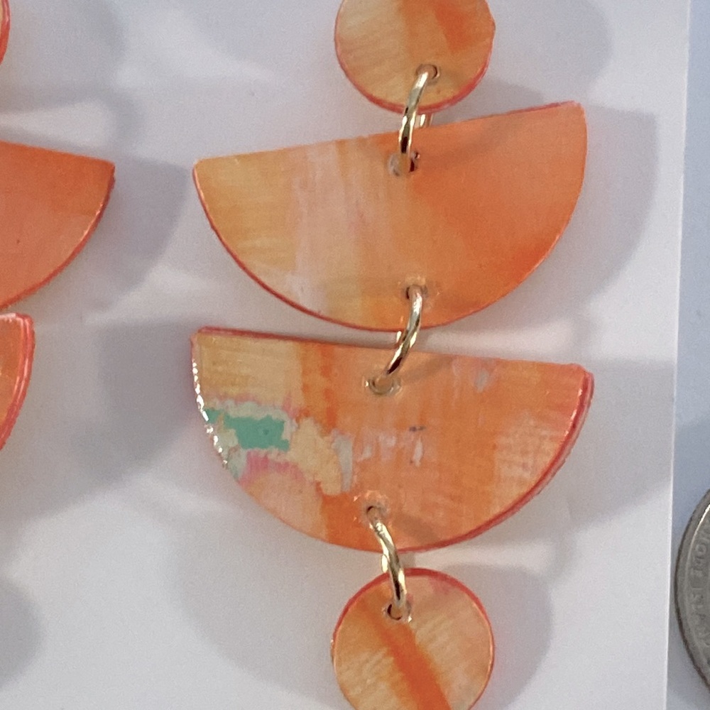 Hand Crafted Orange Wedge Dangle Statement Earrings - Picture 3 of 9